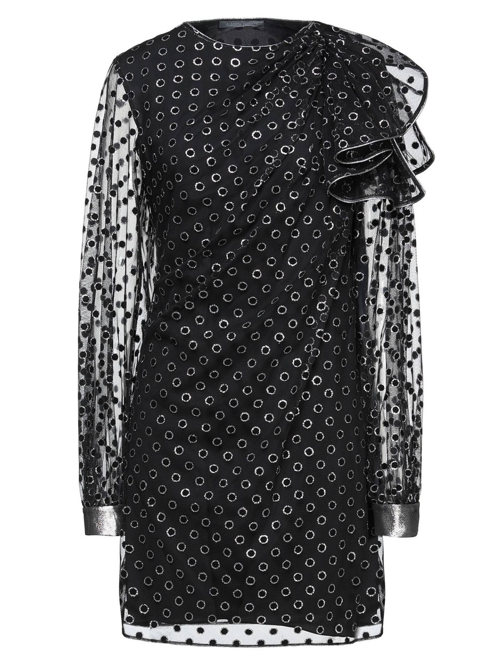 Alberta Ferretti Black and Silver Metallic Ruffle-Shoulder Mini Dress